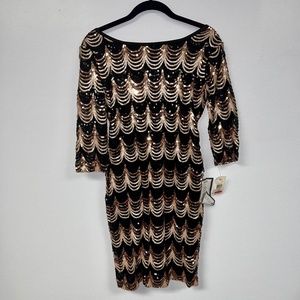 Gold and Black Sequined Bodycon Dress